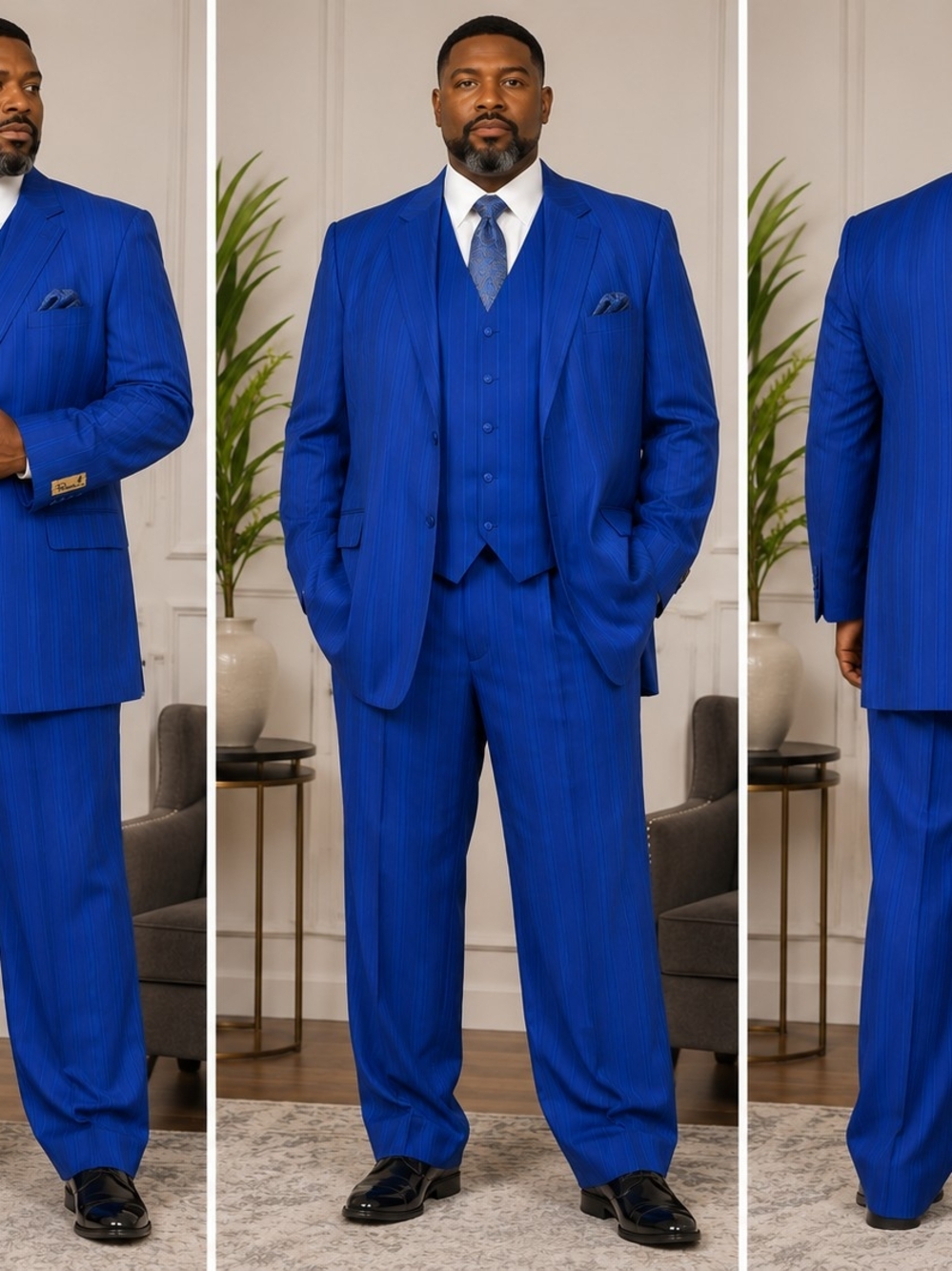 Men's Bold Blue Three-Piece Pinstripe Suit - Classic Formal Wear